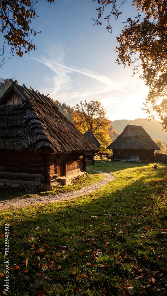 Fototapeta premium Autumnal village scene at sunrise