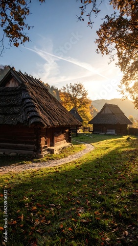 Autumnal village scene at sunrise