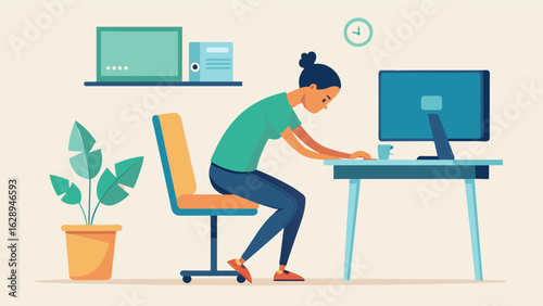 A demonstration of desk stretches and microbreaks to combat the negative effects of hunching over a computer all day in a posture improvement. Vector illustration