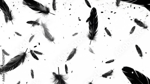Numerous black feathers of varying sizes drift and twirl against a white background.