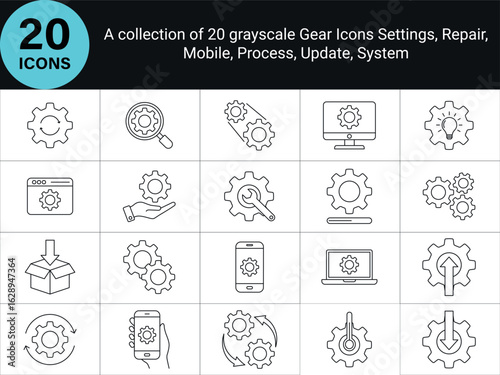 Gear Icons In Line Style. Settings and Maintenance Icons. technology, repair and system optimization. Line Style, Editable Stroke