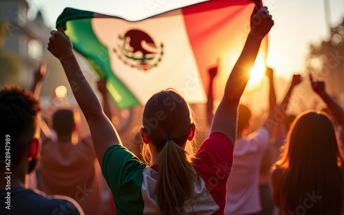 Mexican people cheering with flag of Mexico, Viva Mexico in Mexican independence day. High quality