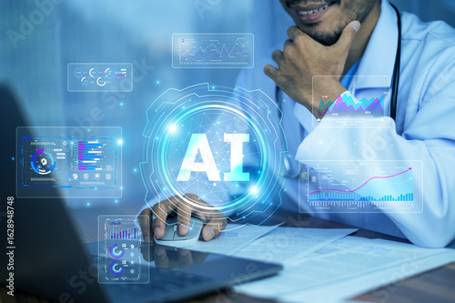 Fotografie Doctor technology AI integrates big data analytics with clinical research, enabling precise treatment plans tailored to individual patient needs and genetic profiles