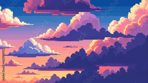 Pixel art depicts a sunset sky filled with layered, multicolored clouds in shades of pink, purple, and blue.