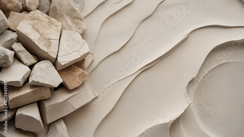 A close up shot showing a pile of rocks next to a wavy plaster wall texture on transparent background