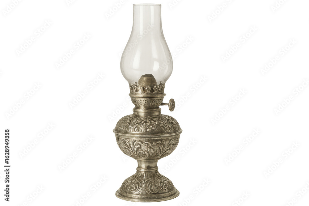 Antique silver oil lamp with floral design, isolated on transparent background, showcasing history and elegance Antique silver oil lamp with floral design, isolated on transparent background, showcasing history and elegance