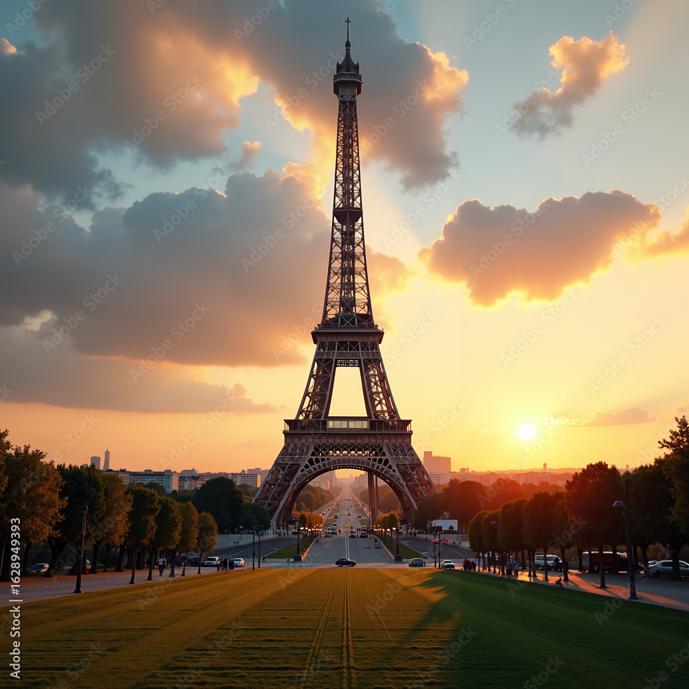 Naklejka premium Eiffel Tower at sunset, iconic landmark, vibrant sky and greenery in foreground
