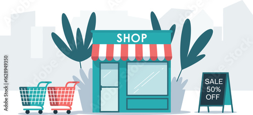 Turquoise shop with red striped awning and shopping carts store retail