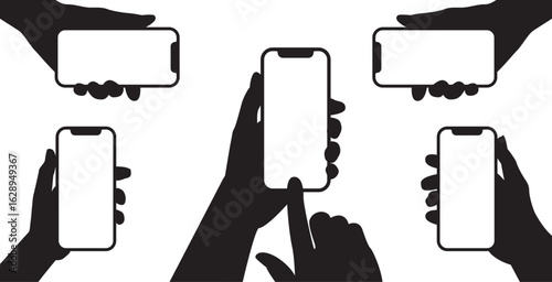 Different silhouettes of hands holding smartphone isolated on a white background. Collection of hands holding phone silhouette