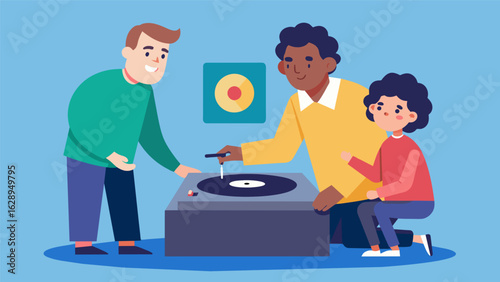 A mentee nervously sets the needle down on a record player for the first time as their mentor stands by patiently guiding their hand. Vector illustration
