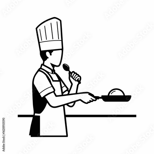 Chef Cooking with Spoon and Pan in a Minimalist Style for Culinary Blogs, Cooking Classes, Restaurant Menus, and Food Education Websites  