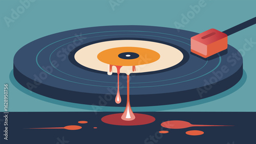 A closeup shot of a record being treated with a specialized cleaning solution the liquid dripping down the grooves as it removes any impurities. Vector illustration