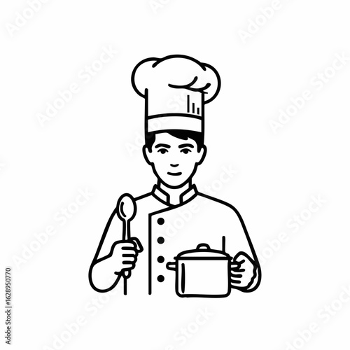 Chef Holding Spoon and Pot in Simple Illustration Style for Culinary Blogs, Cooking Websites, Recipe Cards, and Food Education Resources  