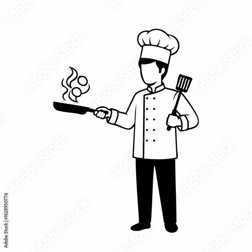 Chef Cooking with Spatula and Frying Pan Portrayed in Black and White Style for Culinary Blogs, Restaurant Menus, Cooking Tutorials, and Food Industry Promotion  