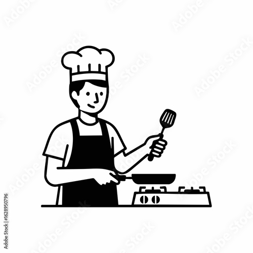 Chef Cooking in Kitchen with Spatula and Frying Pan for Cooking Blogs, Recipe Websites, Culinary Education, and Food Enthusiast Content  