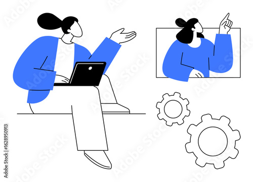Person holding a laptop seated while gesturing and interacting with another individual on a screen. Includes two gears representing productivity. Ideal for remote work, video meeting, workflow