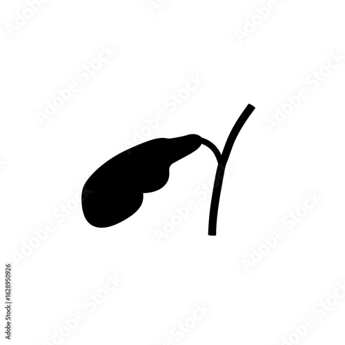 A black silhouette illustration of a gallbladder connected to a duct, isolated on a white background, representing human anatomy.