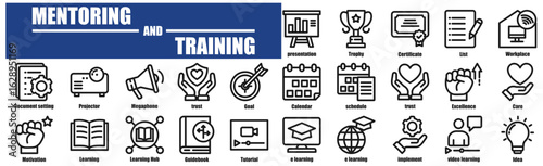 Koleksi paket ikon Mentoring dan Pelatihan untuk presentasi, Piala, Sertifikat, Daftar, Tempat Kerja, dll.