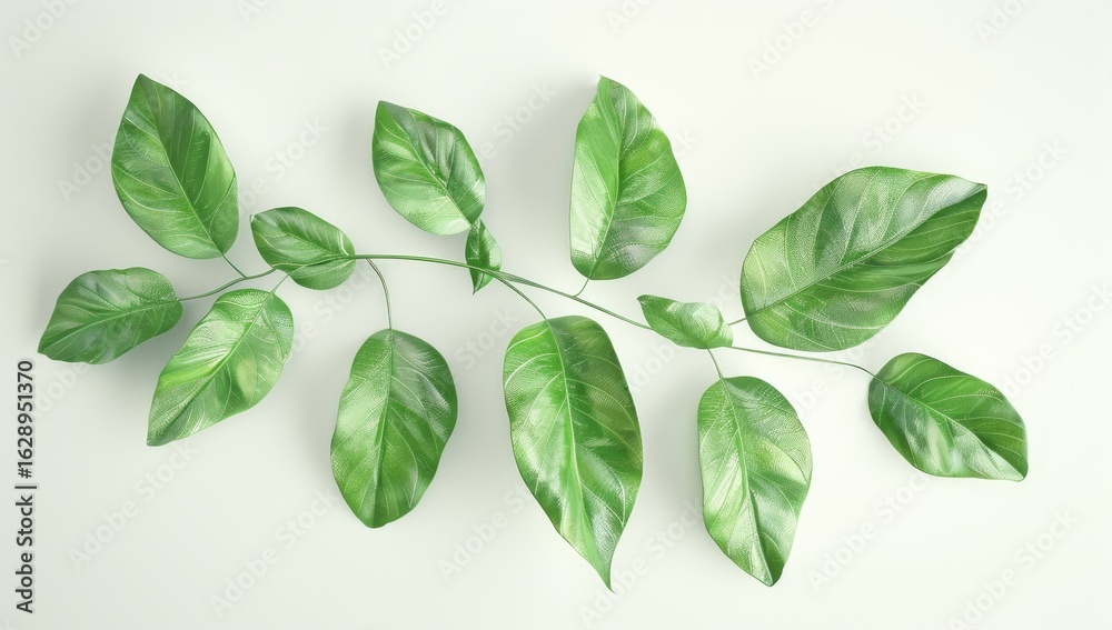 Fototapeta premium Green vine leaves, overhead view, white background, minimalist design, nature website