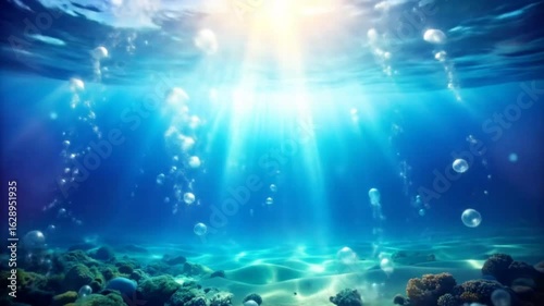 Sunlight streams into clear blue underwater scene with rising bubbles and sandy, rocky seabed.