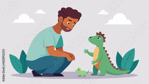 A father kneeling down to listen attentively as his child shares an imaginative story about dinosaurs..