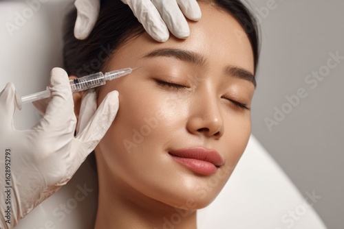 Japanese woman receiving cosmetic injection, with focus on beauty enhancement and advanced aesthetic procedures, modern beauty treatments and professional skincare.