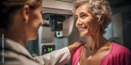 Supportive healthcare professional with smiling older woman during a mammogram exam for breast cancer awareness