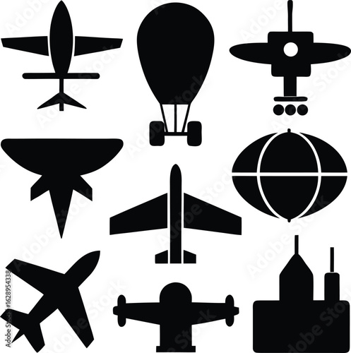Diverse aircraft and balloon silhouettes airplane transport