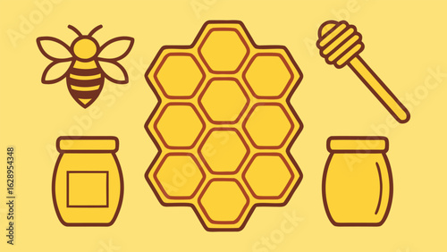 Honeycomb, bee, honey jars, and honey dipper:  cute line art icons,  yellow and brown,  sweet and simple design.