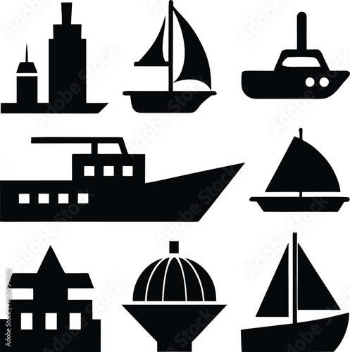 Diverse watercraft and structures collection boat ship