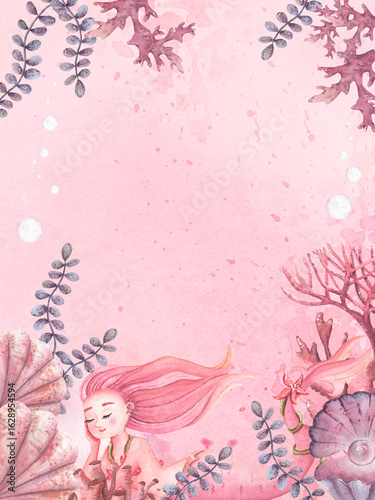 Watercolor underwater postcard for birthday girl with mermaid tail for party invitation card.