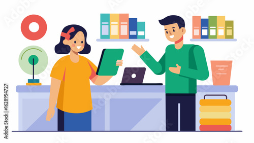 A record store clerk explains the importance of proper record cleaning techniques to a customer pointing to a display of cleaning products behind the Vector illustration