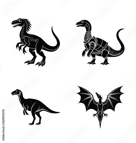 Four stylized dinosaur and dragon silhouettes in black and white on display