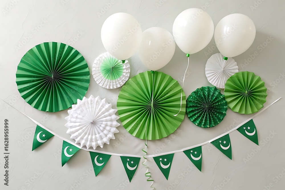 Obraz premium Happy Independence Day Green Balloons on Stage with Flag – 3D Render