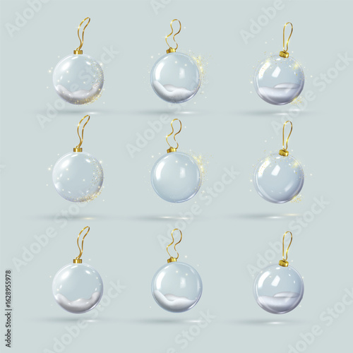 Set of 3D glass balls, empty and with snow inside, with gold and white glitter, on a string.