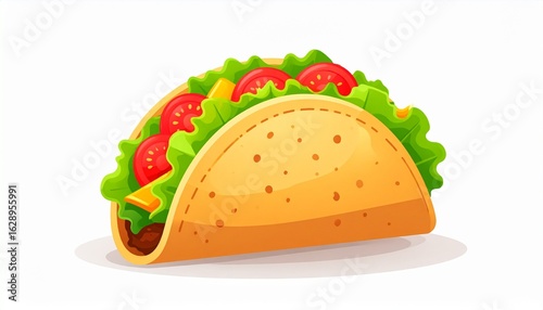 A vibrant and delicious cartoon illustration of a classic Mexican taco filled with fresh lettuce, tomatoes, and cheese, isolated on a white background.