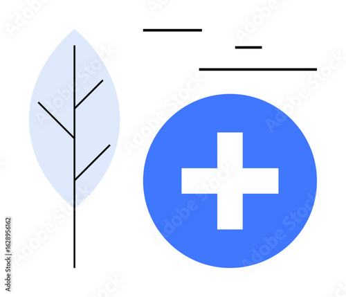 Leaf and medical cross in blue circle with abstract lines. Ideal for healthcare, environment, sustainability, wellness, eco-friendly initiatives, clean energy, simple landing page