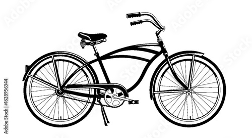 Classic cruiser bicycle with a curved frame detailed black and white vector illustration.