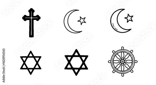 Collection of Religious Symbols Cross Crescent Moon Star of David Dharma Wheel.