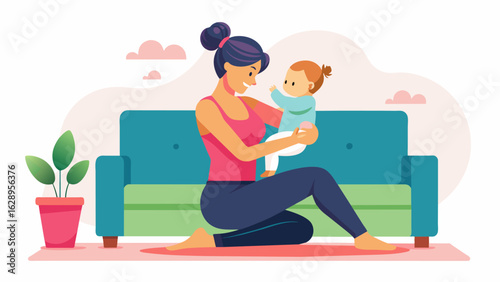 A busy mom demonstrates how to squeeze in a quick workout while cuddled up with her baby on the couch making fitness a part of her cozy routine.. Vector illustration
