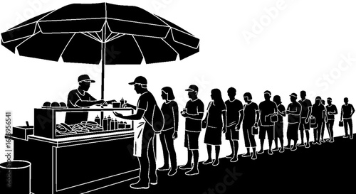 Long Queue at a Black and White Hot Dog Stand Under an Umbrella.