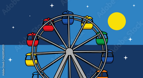 Colorful Ferris Wheel Illustration Against a Starry Night Sky with a Full Moon.