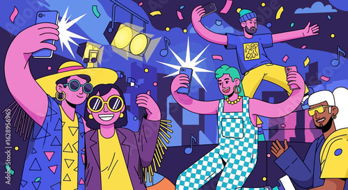 Colorful Group Taking Selfies at a Nighttime Event.