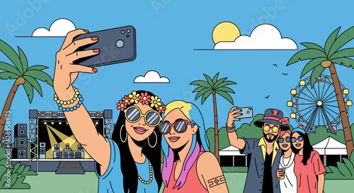 Colorful illustration of friends taking selfies at a sunny summer music festival with a stage and Ferris wheel.