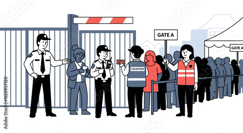 Event Security and Volunteers Managing Crowd Queue at Gate A Entrance Illustration.