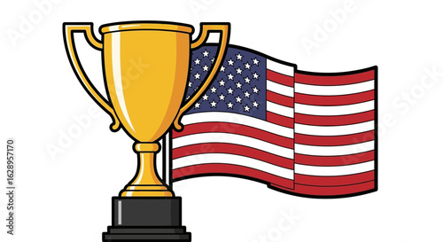 Gold Trophy and American Flag Illustration on White Background.