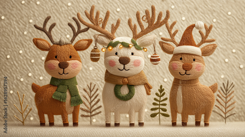 Fototapeta premium Festive Deer Trio: Three adorable reindeer adorned with festive attire stand together against a delicate backdrop, evoking the warmth and joy of the holiday season.