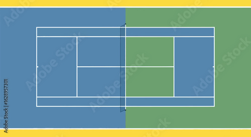 Overhead View of a Vibrant Blue and Green Tennis Court with White Lines and Net.