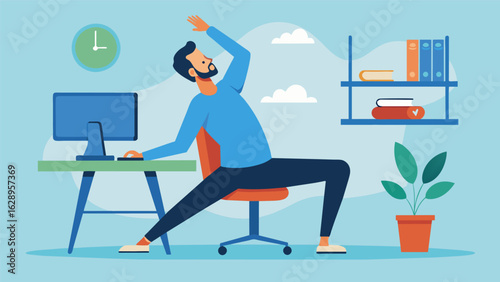 A busy office worker taking a quick break to do some simple chair yoga stretches promoting better mobility and reducing stress.. Vector illustration