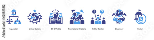 Political Foundations web banner icon vector illustration for separation of power, United Nations, Bill of Rights, international relations, public opinion, diplomacy, and budget.